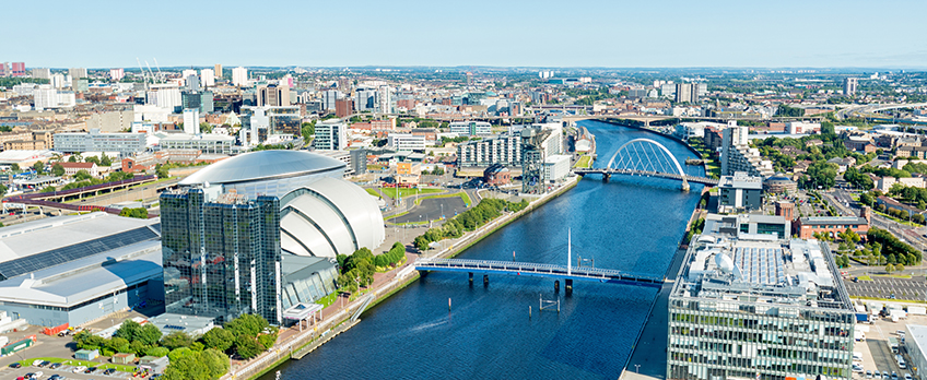 The image shows the Glasgow skyline including the River Clyde, the SECC and Hydro buildings.